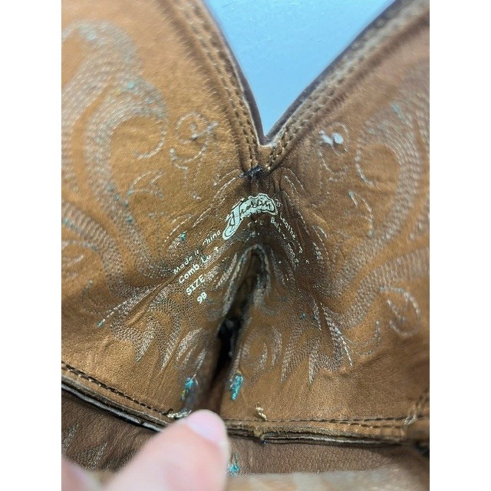 Justin Brown Leather Western Cowboy Boots Teal Embroidery Square Toe 9B - Picture 3 of 10